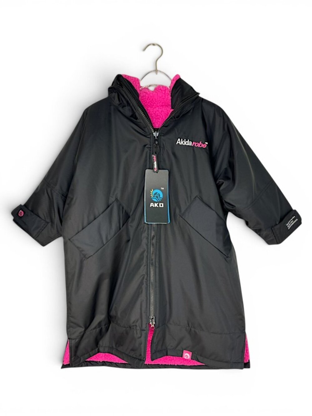 Akida Robe Black Pink Fleece Lining Oversized Changing Swim Parka NWT Kids XS